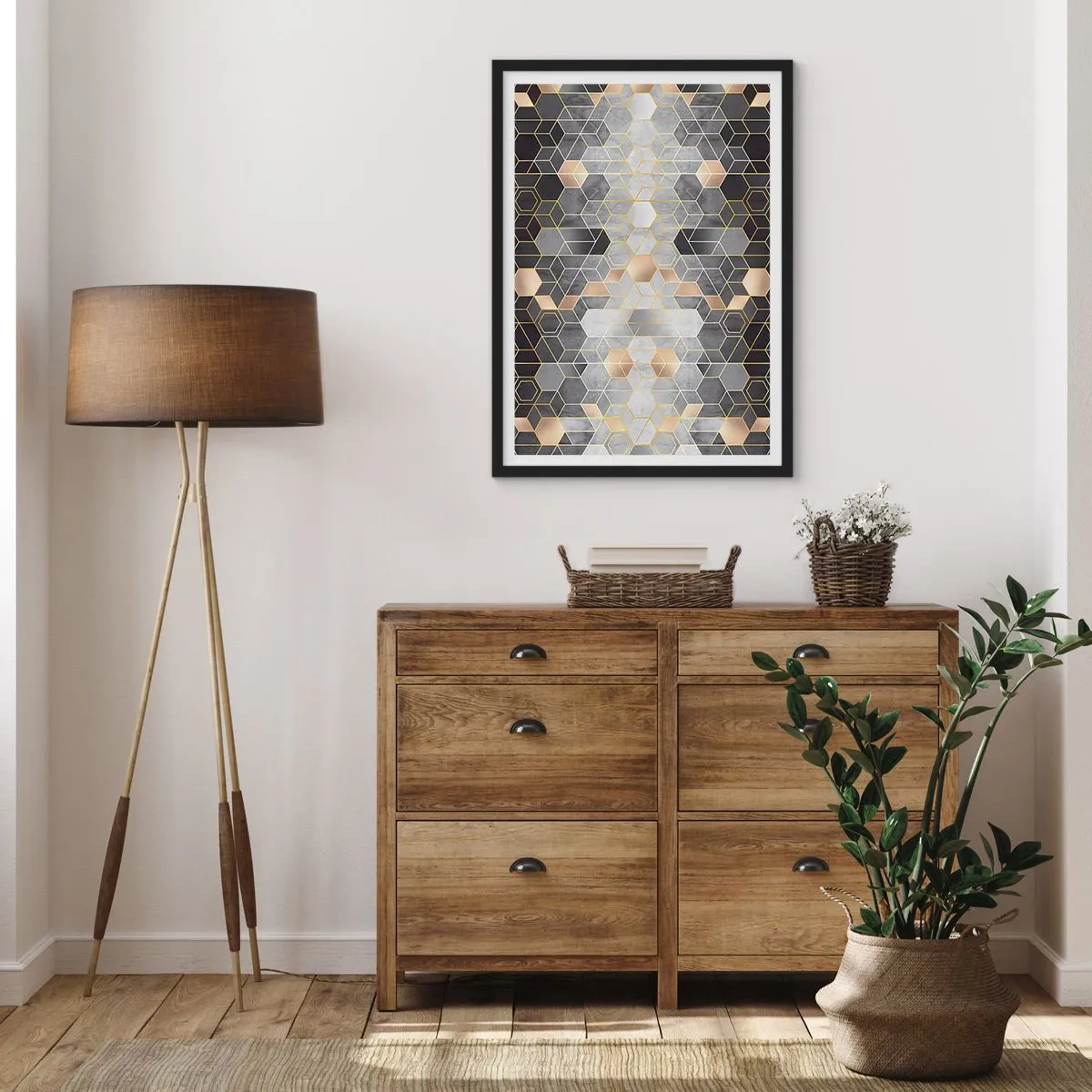 Plakat w czarnej ramie - Geometryczny wzór z heksagonami w odcieniach złota i szarości - 50x70cm - Diamentowa kompozycja - Nowoczesna dekoracja ścienna do salonu i sypialni ARTTOR