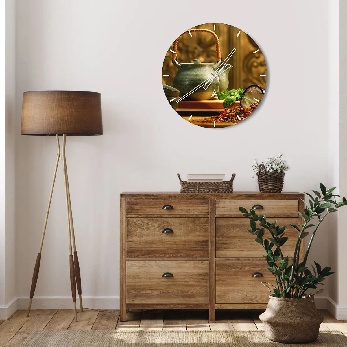Zegar ścienny - Zielony dzbanek z herbatą i świeżymi liśćmi mięty - 30x30cm - Traktat o piciu herbaty - Nowoczesna dekoracja ścienna do salonu, kuchni i sypialni ARTTOR