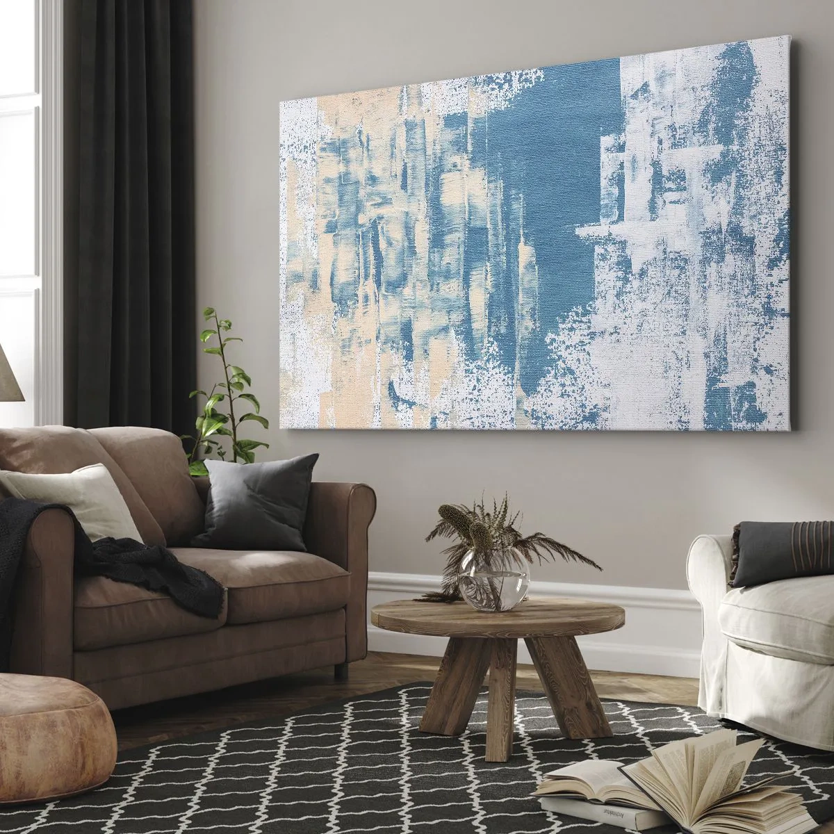 Obraz na płótnie - Abstrakcyjna kompozycja w odcieniach błękitu i bieli - 70x50cm - Przez lodowy sopel - Nowoczesna dekoracja ścienna do salonu i sypialni ARTTOR