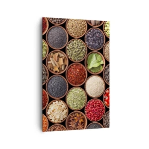 Obraz na płótnie - Kolorowe przyprawy w okrągłych pojemnikach - 80x120cm - Wszystkie smaki świata - Nowoczesna dekoracja ścienna do salonu i sypialni ARTTOR