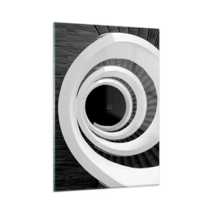 Obraz na szkle - Spiralne schody w czerni i bieli z perspektywy z góry - 50x70cm - Do istoty rzeczy - Nowoczesna dekoracja ścienna do salonu, kuchni i sypialni ARTTOR