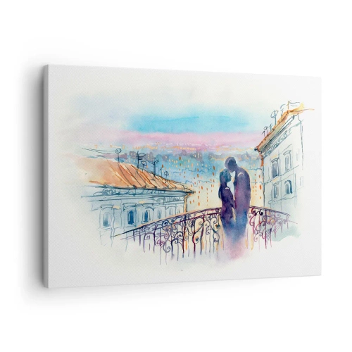 Obraz na płótnie - Romantyczna para na balkonie z widokiem na miasto - 70x50cm - Paryscy kochankowie - Nowoczesna dekoracja ścienna do salonu i sypialni ARTTOR