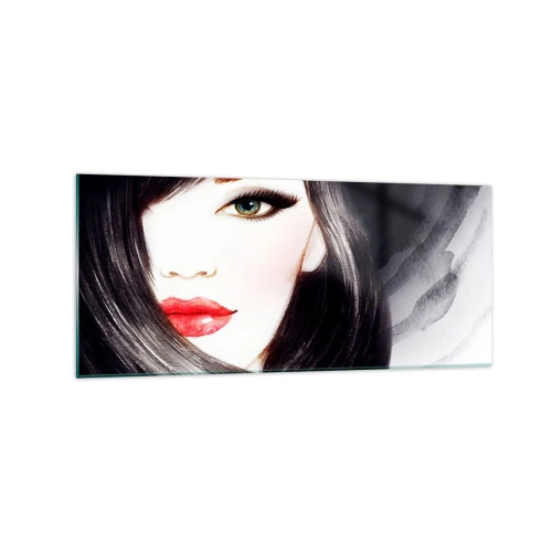 Obraz na szkle - Portret kobiety z wyrazistym spojrzeniem i czerwonymi ustami - 120x50cm - Szafirowe spojrzenie - Nowoczesna dekoracja ścienna do salonu i sypialni ARTTOR