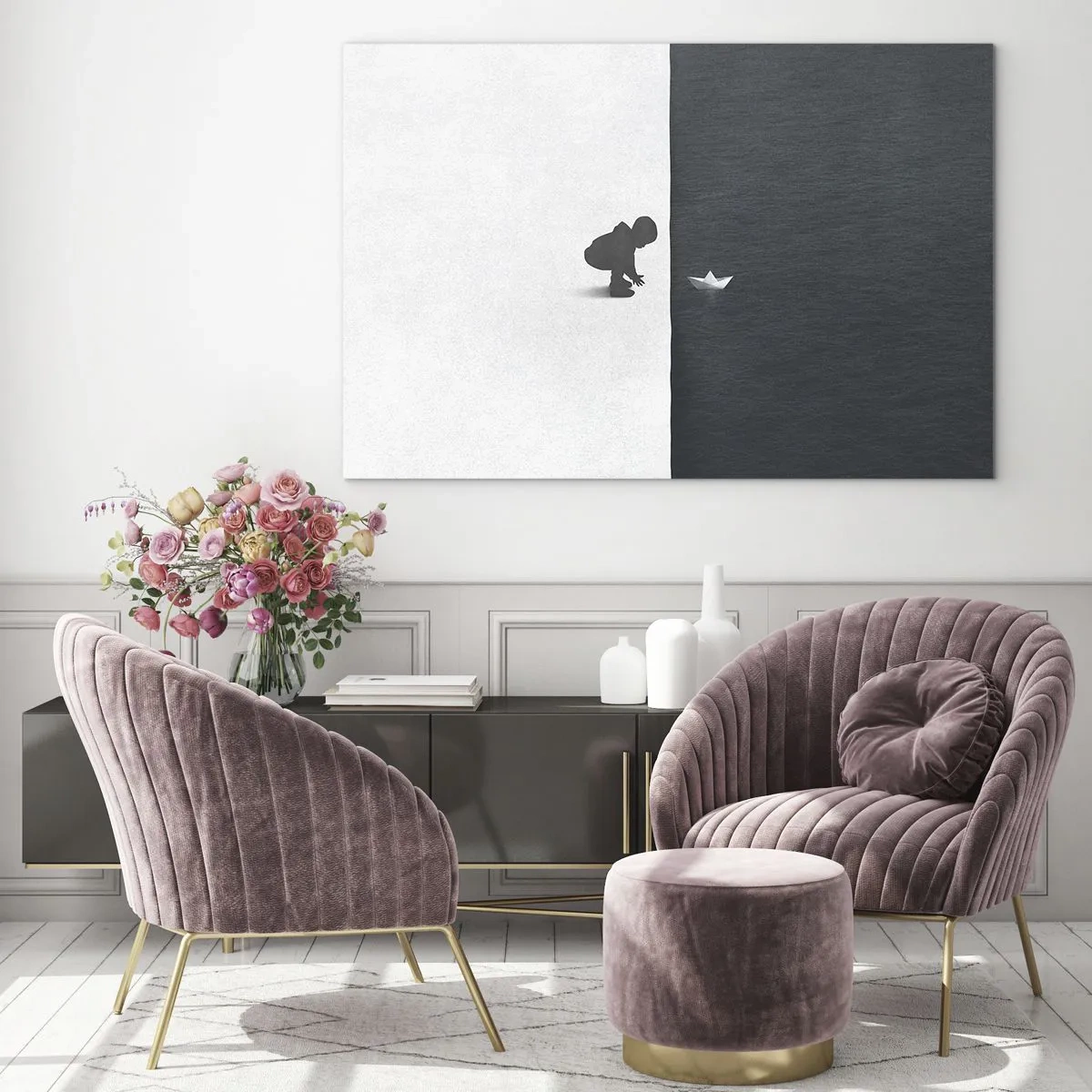 Obraz na szkle - Sylwetka dziecka wypuszczającego papierową łódkę na wodę - 120x80cm - Wielka wyprawa - Nowoczesna dekoracja ścienna do salonu, kuchni i sypialni ARTTOR