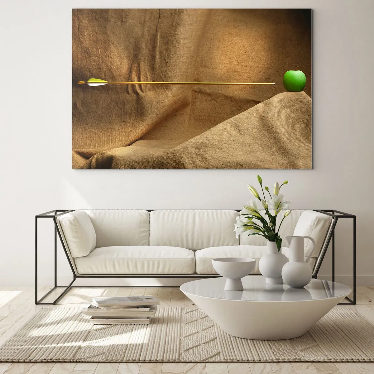 Obraz na szkle - Zielone jabłko na beżowym tle z przeszywającą je strzałą - 70x50cm - Przywołać ducha Wilhelma Tella - Nowoczesna dekoracja ścienna do salonu i sypialni ARTTOR