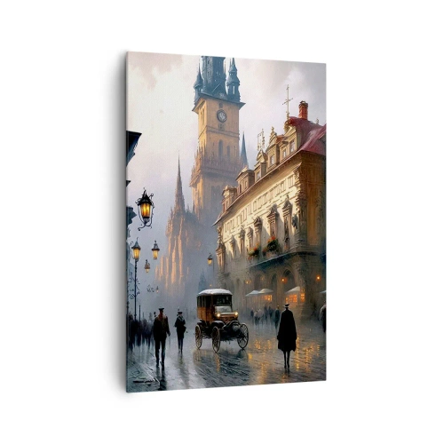 Obraz na płótnie - Wieczorna scena uliczna z zabytkową architekturą - 80x120cm - Czar praskiego wieczoru - Nowoczesna dekoracja ścienna do salonu i sypialni ARTTOR