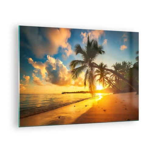 Obraz na szkle - Tropikalna plaża z palmami o zachodzie słońca - 70x50cm - Karaibskie marzenie - Nowoczesna dekoracja ścienna do salonu i sypialni ARTTOR