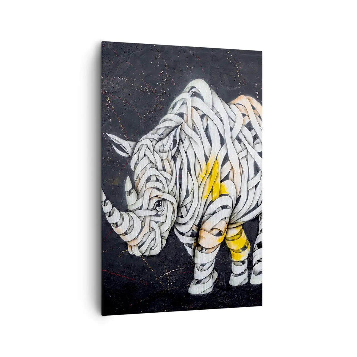 Obraz na płótnie - Rzeźbiony nosorożec z abstrakcyjnych pasów na ciemnym tle - 80x120cm - Gruboskórność to mit - Nowoczesna dekoracja ścienna do salonu i sypialni ARTTOR