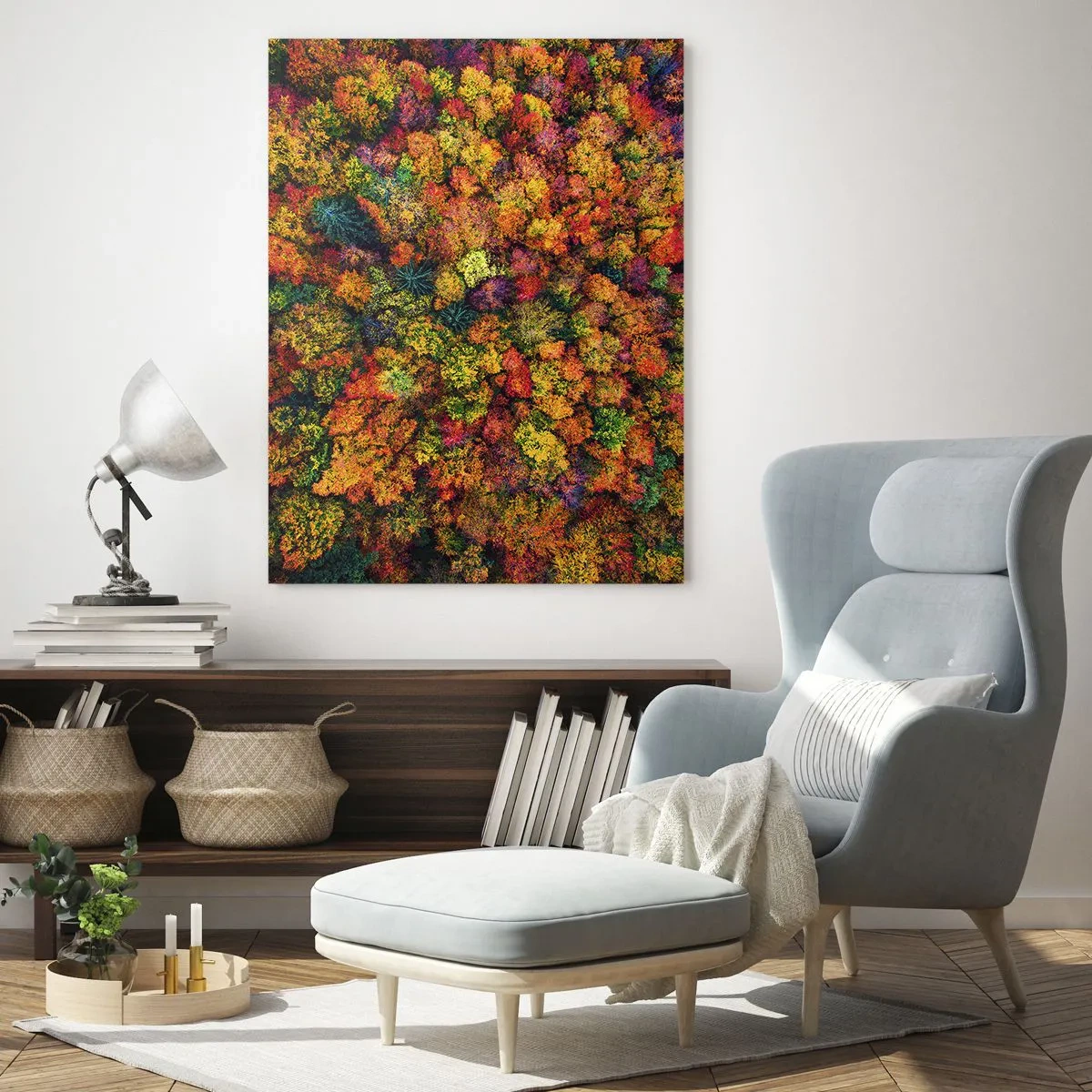 Obraz na szkle - Widok z lotu ptaka na las w pełni jesieni, pełen kolorowych drzew - 50x70cm - Bukiet jesiennych drzew - Nowoczesna dekoracja ścienna do salonu, kuchni i sypialni ARTTOR