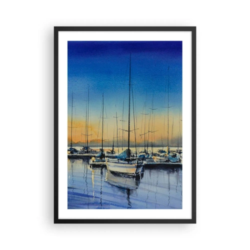 Plakat w czarnej ramie - Malarska scena z żaglówkami w porcie o zachodzie słońca - 50x70cm - Koniec dobrego dnia - Nowoczesna dekoracja ścienna do salonu i sypialni ARTTOR