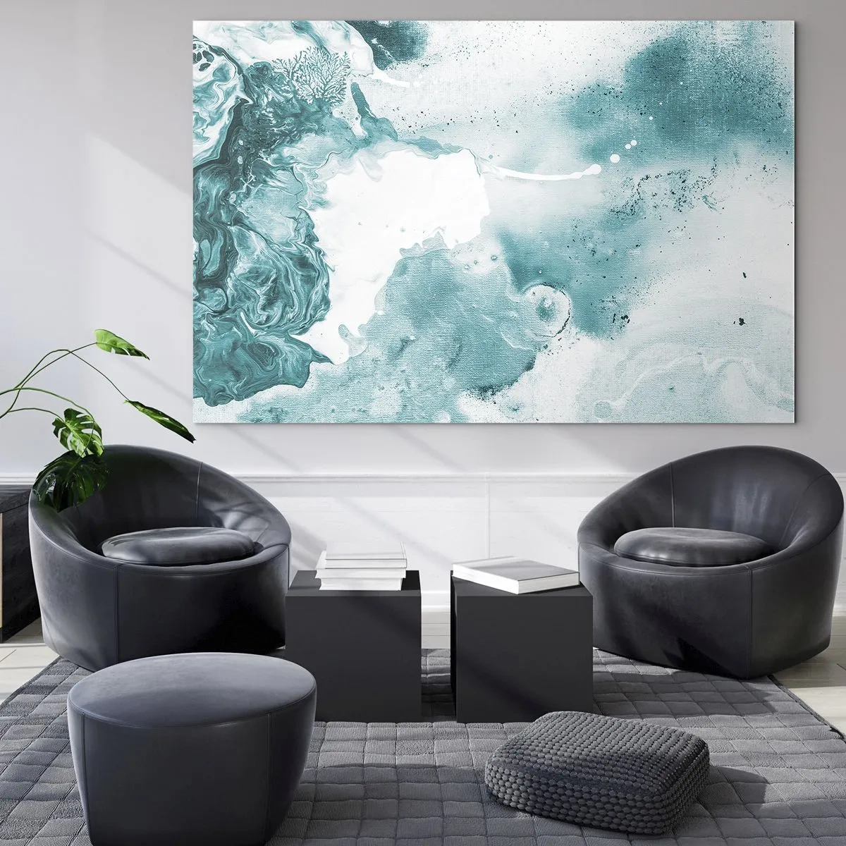 Obraz na szkle - Abstrakcyjne rozlewiska błękitu na szklanym tle - 70x50cm - Rozlewiska błękitu - Nowoczesna dekoracja ścienna do salonu i sypialni ARTTOR
