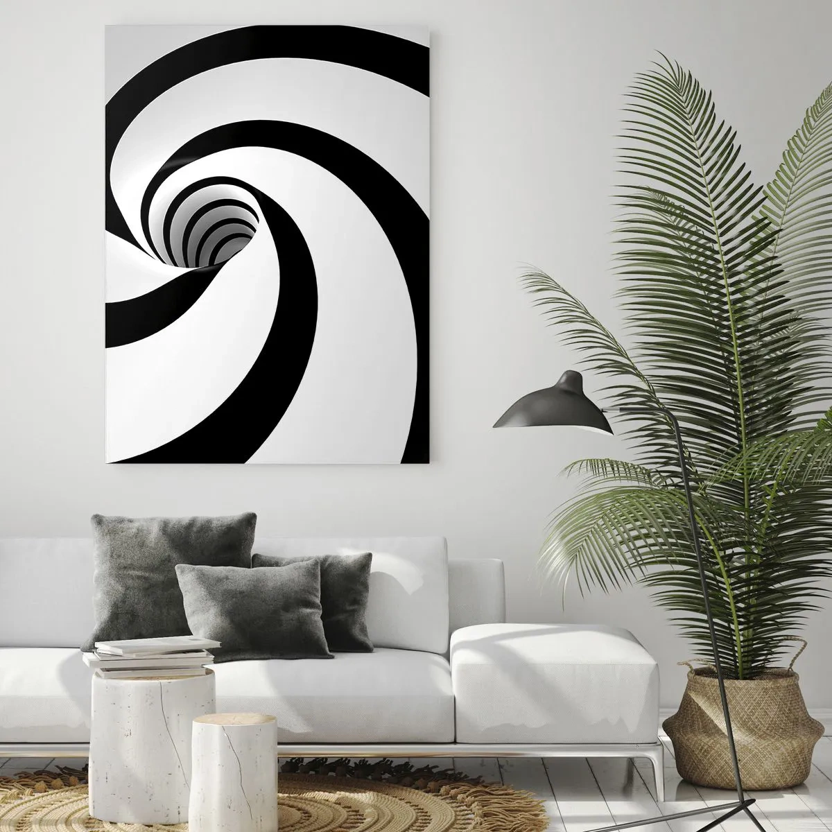 Obraz na szkle - Hipnotyczny wzór spirali w czerni i bieli - 50x70cm - Poddać się wirowi? - Nowoczesna dekoracja ścienna do salonu, kuchni i sypialni ARTTOR