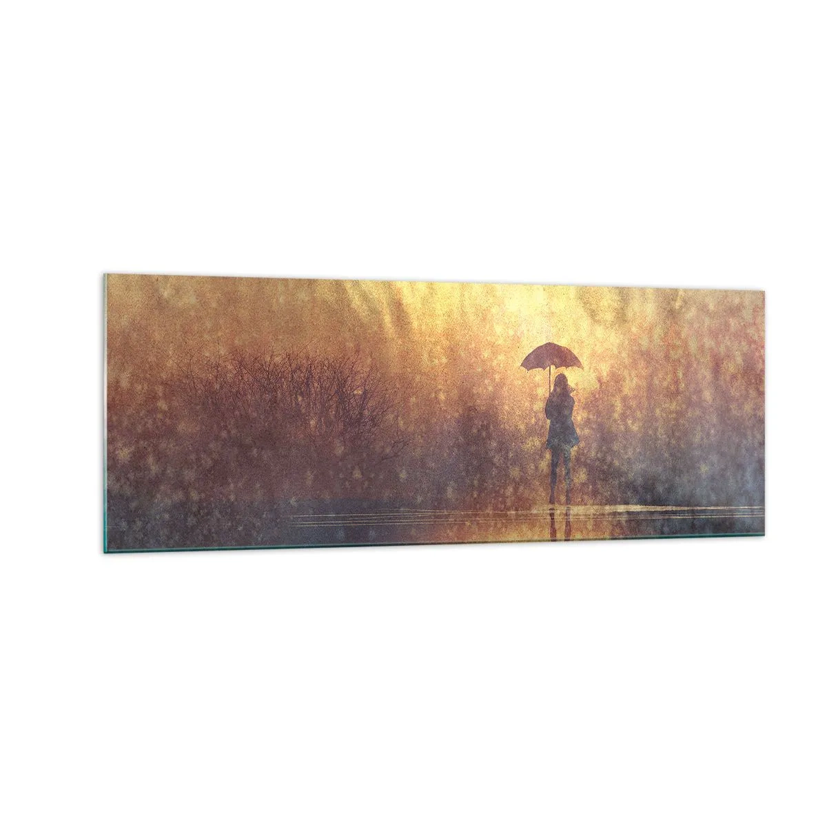 Obraz na szkle - Postać z parasolem w mglistym krajobrazie pełnym refleksji - 140x50cm - Czuję, że ktoś na mnie patrzy - Nowoczesna dekoracja ścienna do salonu i sypialni ARTTOR