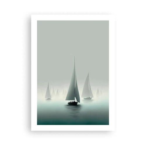 Plakat - Grupa żaglówek płynących po mglistym morzu, otoczonych spokojnymi wodami - 50x70cm - Zbudowane z mgły - Nowoczesna dekoracja ścienna do salonu, kuchni i sypialni ARTTOR