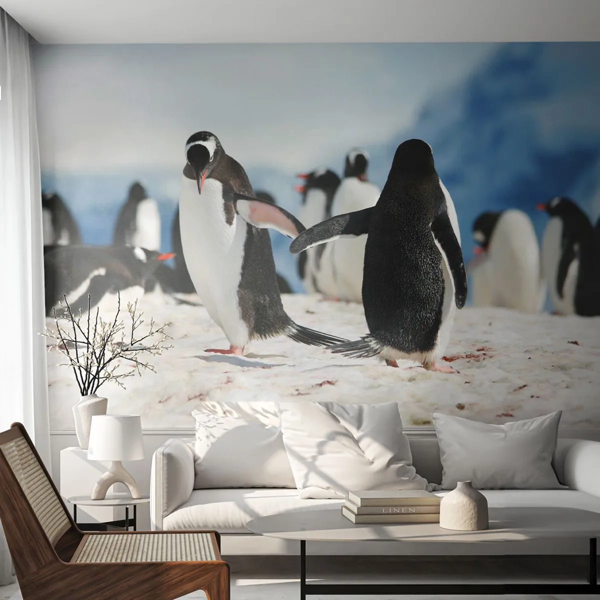 Fototapeta Premium Sand - Grupa pingwinów na śnieżnej Antarktydzie - 100x70cm - Taniec na śniegu - Nowoczesna dekoracja ścienna do salonu, kuchni i sypialni ARTTOR
