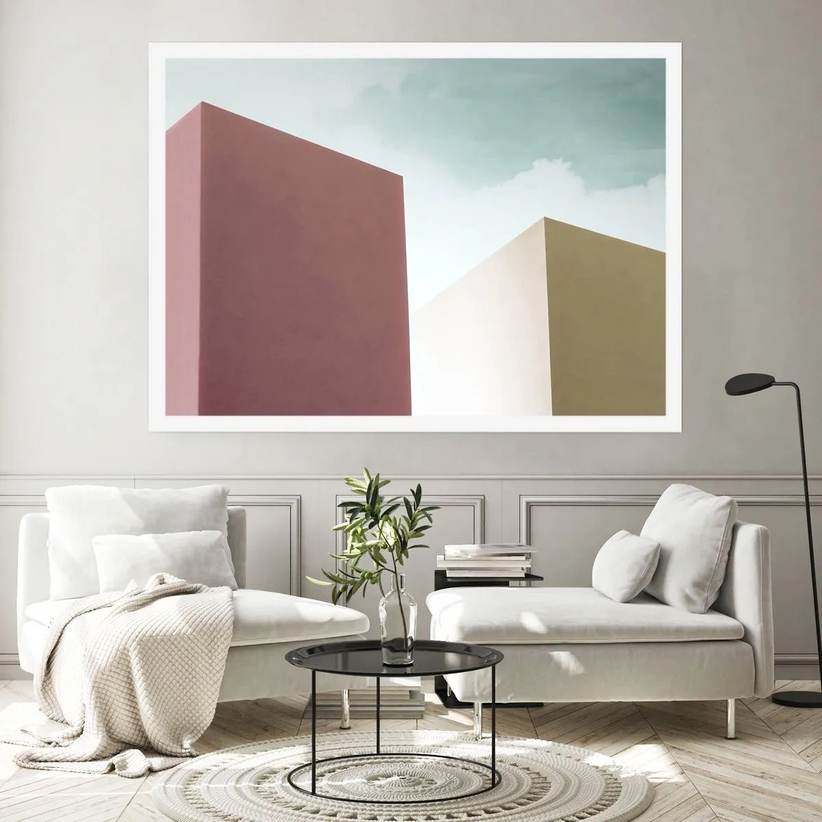 Plakat - Minimalistyczna architektura z pastelowymi blokami i niebem - 100x70cm - Geometria słonecznego lata - Nowoczesna dekoracja ścienna do salonu i sypialni ARTTOR