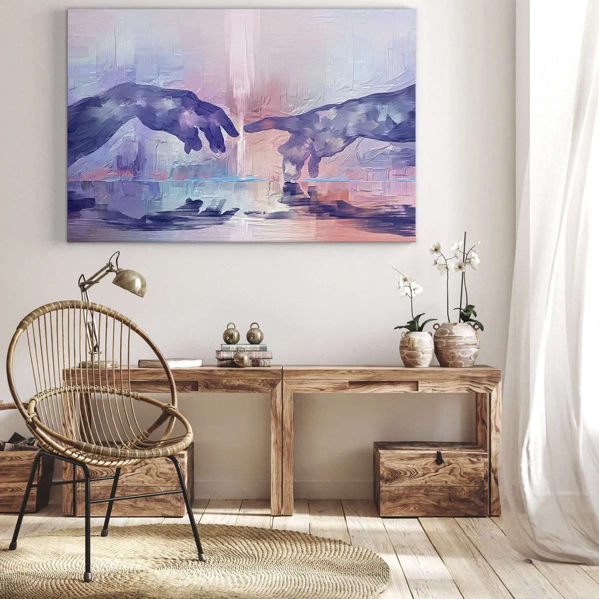 Obraz na płótnie - Symboliczne dłonie w abstrakcyjnych barwach, odwołujące się do motywu stworzenia - 70x50cm - Boska iskra życia - Nowoczesna dekoracja ścienna do salonu i sypialni ARTTOR