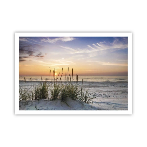 Plakat - Piaszczysta plaża o zachodzie słońca z trawami w tle - 100x70cm - Popatrz, pomyśl, poczuj - Nowoczesna dekoracja ścienna do salonu i sypialni ARTTOR