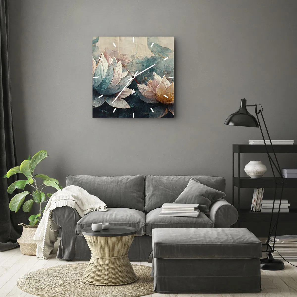 Zegar ścienny - Subtelne lilie wodne w pastelowych odcieniach błękitu i złota - 30x30cm - Gwiazdy jeziora - Nowoczesna dekoracja ścienna do salonu i sypialni ARTTOR
