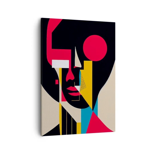 Obraz na płótnie - Kolorowy abstrakcyjny portret twarzy w stylu geometrycznym - 50x70cm - Jej wewnętrzny świat - Nowoczesna dekoracja ścienna do salonu, kuchni i sypialni ARTTOR