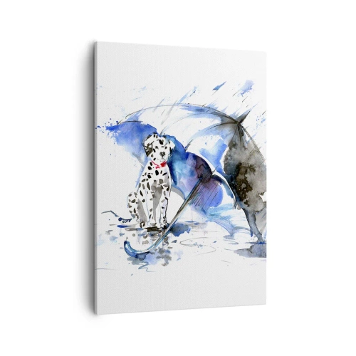 Obraz na płótnie - Akwarelowy dalmatyńczyk siedzący pod parasolem w deszczu - 50x70cm - Po to jest przyjaciel - Nowoczesna dekoracja ścienna do salonu, kuchni i sypialni ARTTOR