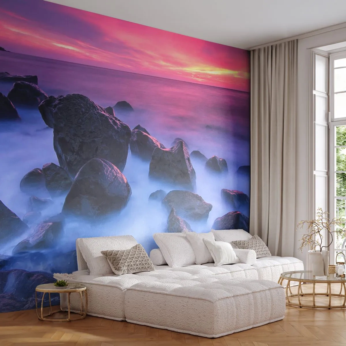 Fototapeta Premium Sand - Kamieniste wybrzeże o zachodzie słońca z mglistą wodą - 100x70cm - Narodziny w blasku i mgle - Nowoczesna dekoracja ścienna do salonu, kuchni i sypialni ARTTOR