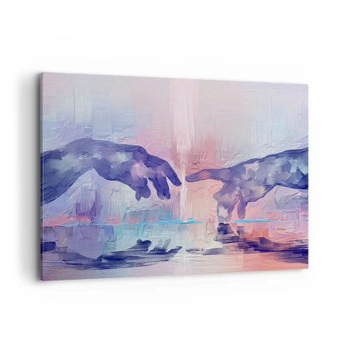 Obraz na płótnie - Symboliczne dłonie w abstrakcyjnych barwach, odwołujące się do motywu stworzenia - 100x70cm - Boska iskra życia - Nowoczesna dekoracja ścienna do salonu, kuchni i sypialni ARTTOR