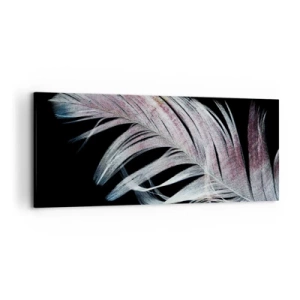 Obraz na płótnie - Delikatne pióro na czarnym tle w artystycznym ujęciu - 120x50cm - Pomyśl o dotyku - Nowoczesna dekoracja ścienna do salonu i sypialni ARTTOR