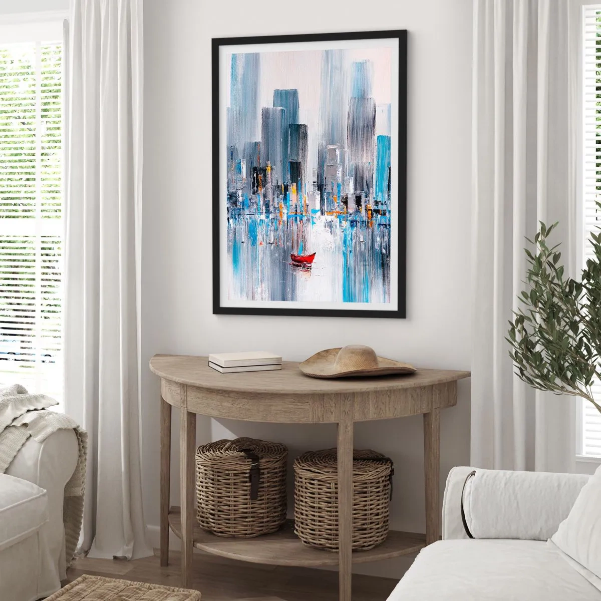 Plakat w czarnej ramie - Abstrakcyjny obraz przedstawiający panoramę miasta nad wodą z czerwoną łodzią - 50x70cm - Metropolia nad zatoką - Nowoczesna dekoracja ścienna do salonu i sypialni ARTTOR