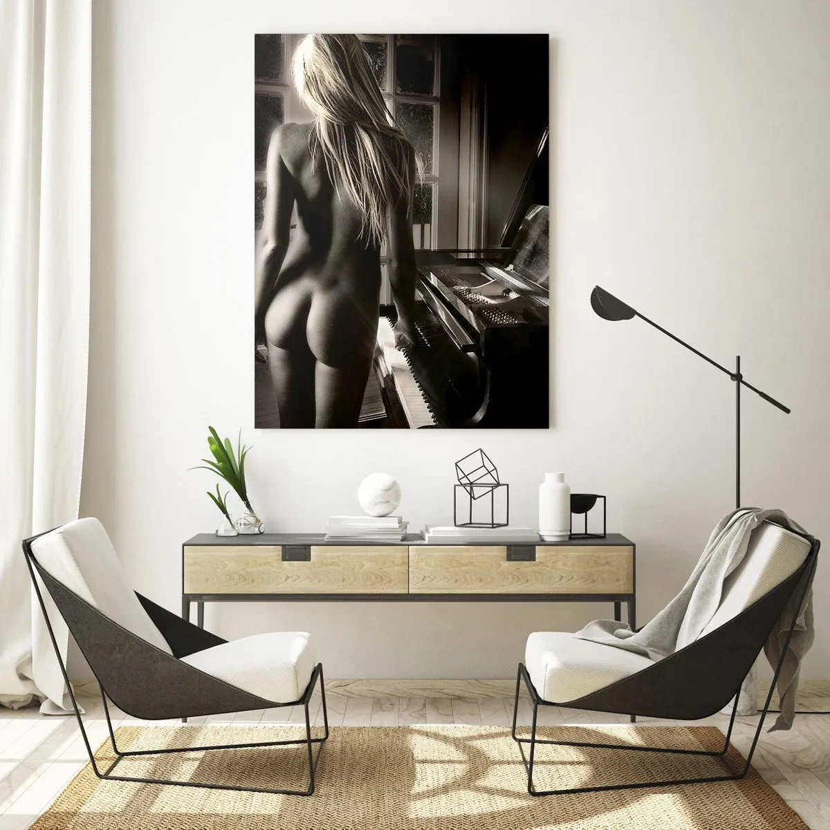 Obraz na szkle - Kobieta przy fortepianie w sepiowym oświetleniu - 50x70cm - Doskonała harmonia wieczoru - Nowoczesna dekoracja ścienna do salonu, kuchni i sypialni ARTTOR