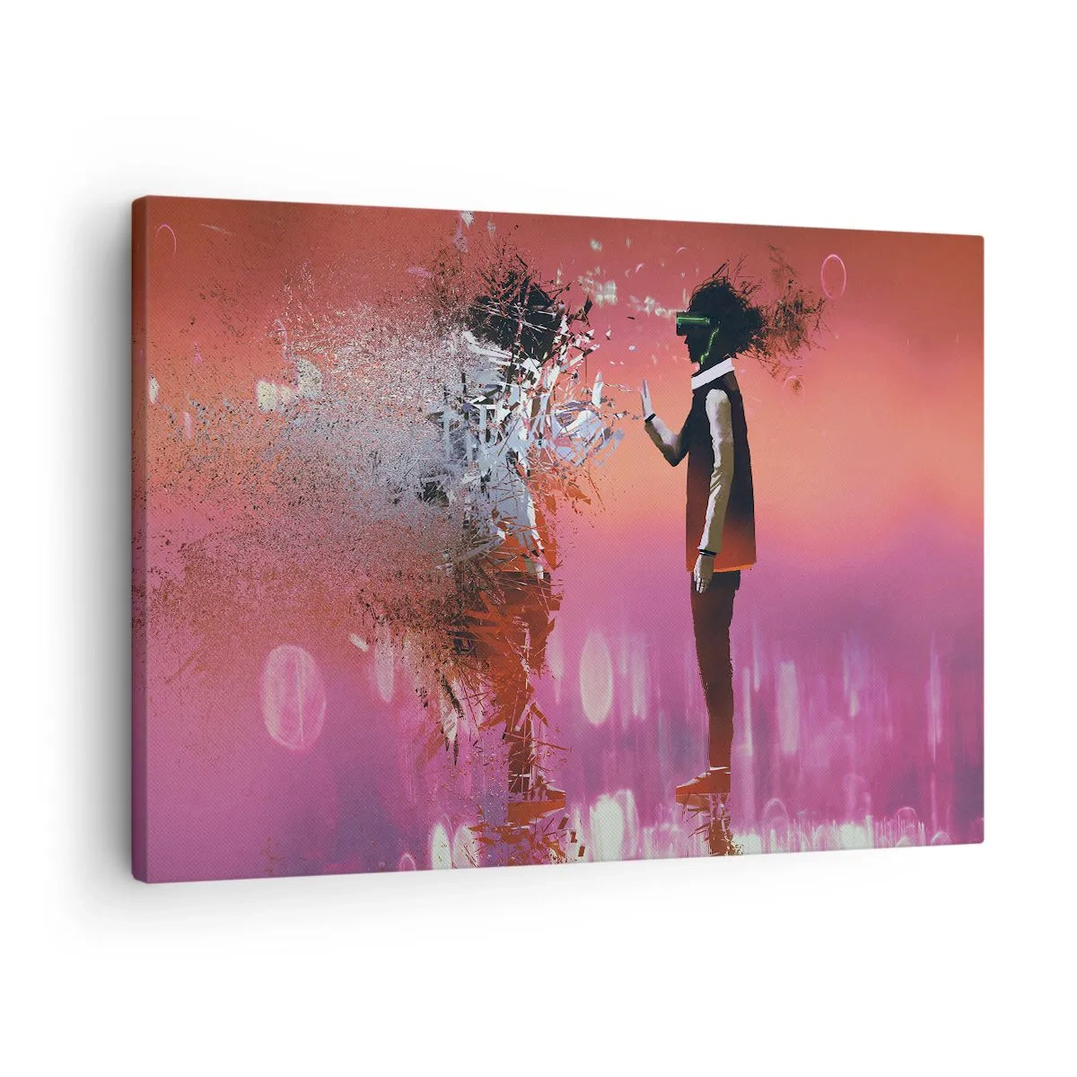 Obraz na płótnie - Abstrakcyjna scena z futurystyczną postacią i rozpraszającymi się elementami - 70x50cm - Czy można wejrzeć w siebie? - Nowoczesna dekoracja ścienna do salonu i sypialni ARTTOR