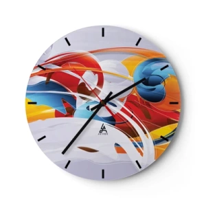 Zegar ścienny - Abstrakcyjne kształty w dynamicznych kolorach czerwonym, niebieskim i żółtym - 30x30cm - Taniec żywiołów - Nowoczesna dekoracja ścienna do salonu, kuchni i sypialni ARTTOR
