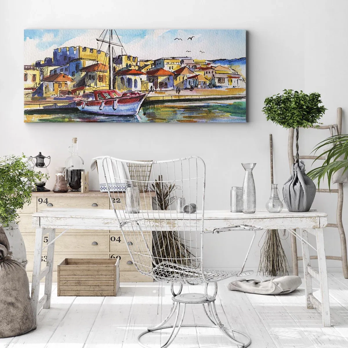 Obraz na płótnie - Malowniczy port z łodzią i kolorowymi budynkami - 140x50cm - Tęczowe popołudnie - Nowoczesna dekoracja ścienna do salonu i sypialni ARTTOR