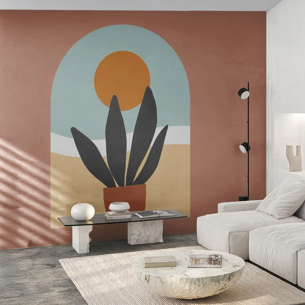 Fototapeta Premium Sand - Minimalistyczna grafika rośliny w doniczce z zachodem słońca - 100x70cm - Drobne radości - Nowoczesna dekoracja ścienna do salonu, kuchni i sypialni ARTTOR