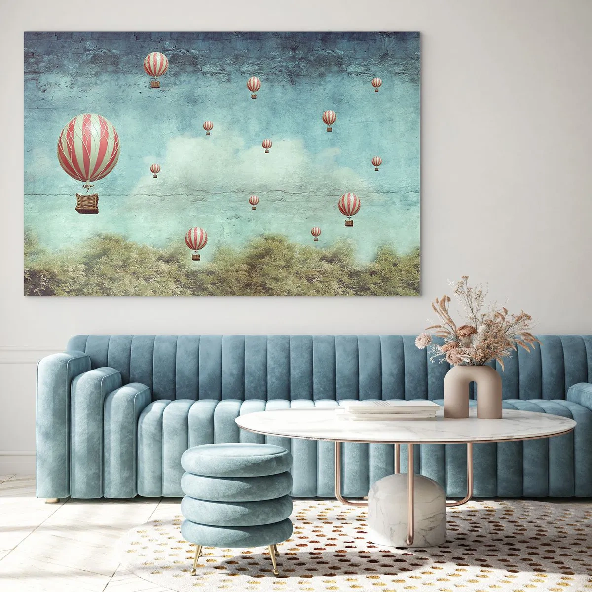 Obraz na szkle - Balony unoszące się nad zielonym krajobrazem - 100x70cm - Wolni od zgiełku życia - Nowoczesna dekoracja ścienna do salonu, kuchni i sypialni ARTTOR