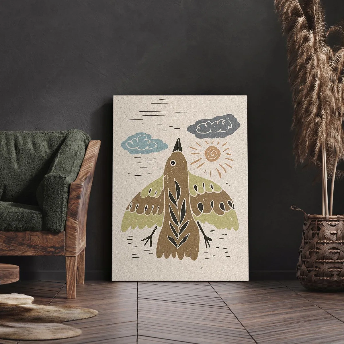 Obraz na płótnie - Stylizowany ptak w locie na tle słońca i chmur - 50x70cm - Radosny lot - Nowoczesna dekoracja ścienna do salonu, kuchni i sypialni ARTTOR