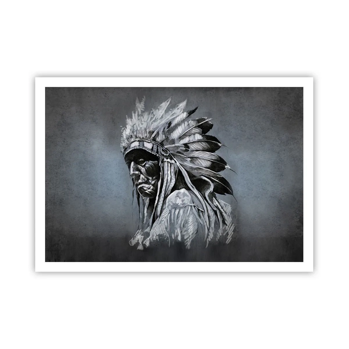 Plakat - Portret wodza indiańskiego w tradycyjnym pióropuszu - 100x70cm - Powrót do korzeni - Nowoczesna dekoracja ścienna do salonu i sypialni ARTTOR