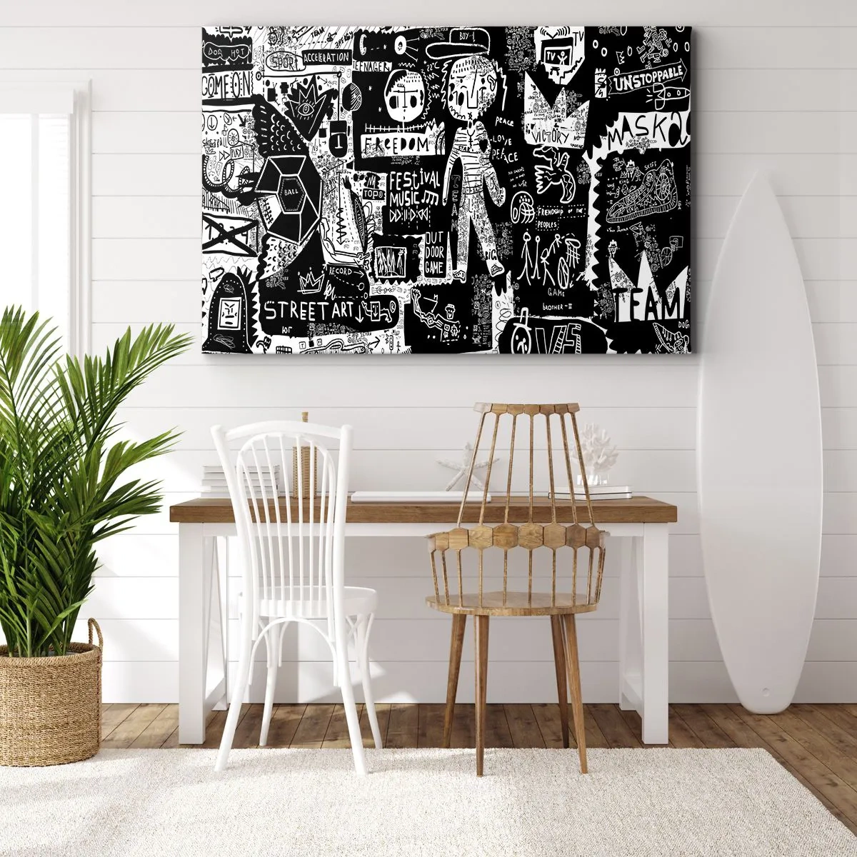 Obraz na płótnie - Czarno-biały kolaż inspirowany sztuką uliczną - 100x70cm - Duchowej młodości prawa i radości - Nowoczesna dekoracja ścienna do salonu, kuchni i sypialni ARTTOR