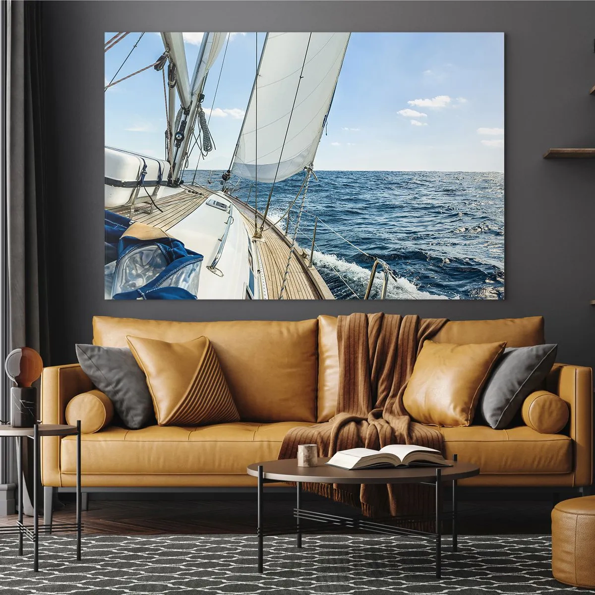 Obraz na szkle - Jacht na otwartym morzu z rozwiniętymi żaglami - 70x50cm - Ahoj, przygodo - Nowoczesna dekoracja ścienna do salonu i sypialni ARTTOR
