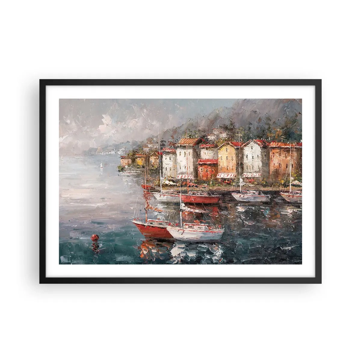 Plakat w czarnej ramie - Nadmorska sceneria z łodziami i kolorowymi domami - 70x50cm - Romantyczna przystań - Nowoczesna dekoracja ścienna do salonu i sypialni ARTTOR