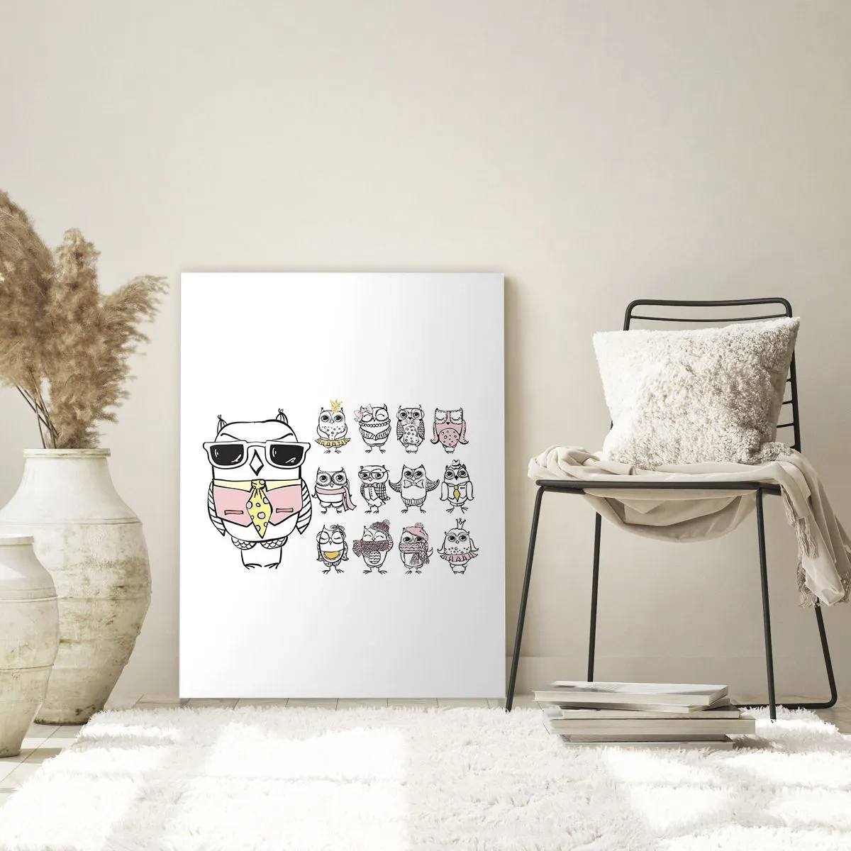 Obraz na szkle - Sowy w różnych stylach i ubraniach - 80x120cm - Tyle ról do zagrania - Nowoczesna dekoracja ścienna do salonu i sypialni ARTTOR