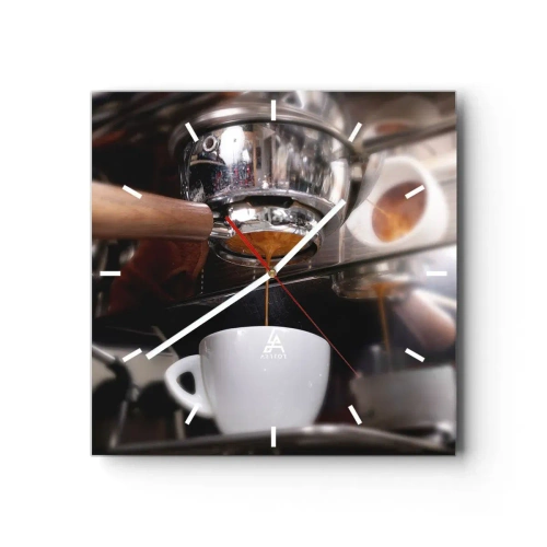 Zegar ścienny - Zbliżenie na ekspres do kawy przygotowujący świeże espresso - 30x30cm - Dobra chwila dnia - Nowoczesna dekoracja ścienna do salonu i sypialni ARTTOR