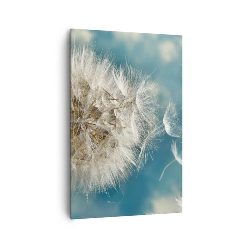 Obraz na płótnie - Zdmuchiwany dmuchawiec na tle niebieskiego nieba - 80x120cm - Oddech anioła - Nowoczesna dekoracja ścienna do salonu i sypialni ARTTOR