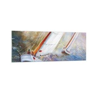 Obraz na szkle - Żaglówki na wzburzonych falach w dynamicznej kompozycji - 140x50cm - Biegnące po falach - Nowoczesna dekoracja ścienna do salonu i sypialni ARTTOR