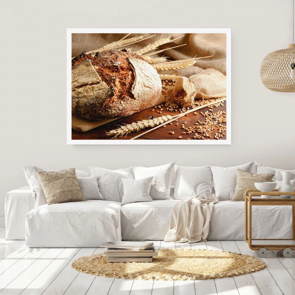 Plakat - Chrupiący chleb z ziarnami i kłosami pszenicy na drewnianym tle - 100x70cm - Apetyczny, wonny, chrupiący - Nowoczesna dekoracja ścienna do salonu i sypialni ARTTOR