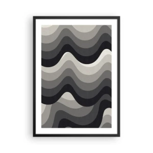 Plakat w czarnej ramie - Geometryczne fale w odcieniach czerni i szarości - 50x70cm - Fala za falą - Nowoczesna dekoracja ścienna do salonu i sypialni ARTTOR