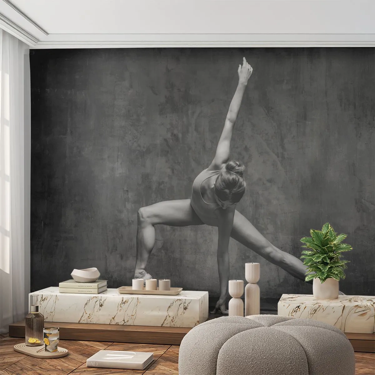 Fototapeta Premium Sand - Czarno-białe ujęcie baletnicy - 100x70cm - Ideał równowagi - Nowoczesna dekoracja ścienna do salonu, kuchni i sypialni ARTTOR