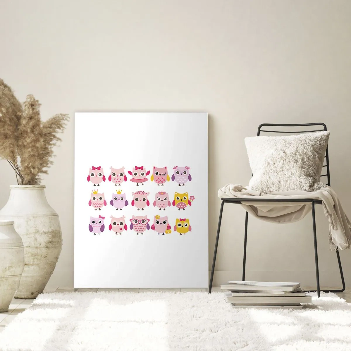 Obraz na szkle - Kolorowe sowy w różnych wzorach na białym tle - 50x70cm - Jedna słodsza od drugiej - Nowoczesna dekoracja ścienna do salonu, kuchni i sypialni ARTTOR