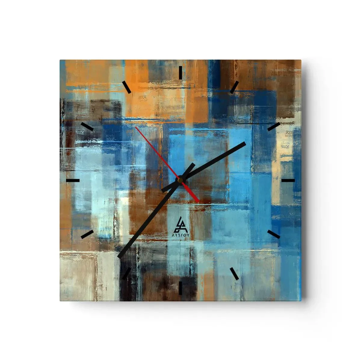 Zegar ścienny - Abstrakcyjna kompozycja geometryczna w odcieniach niebieskiego i brązu - 30x30cm - Przez błękitną zasłonę - Nowoczesna dekoracja ścienna do salonu i sypialni ARTTOR