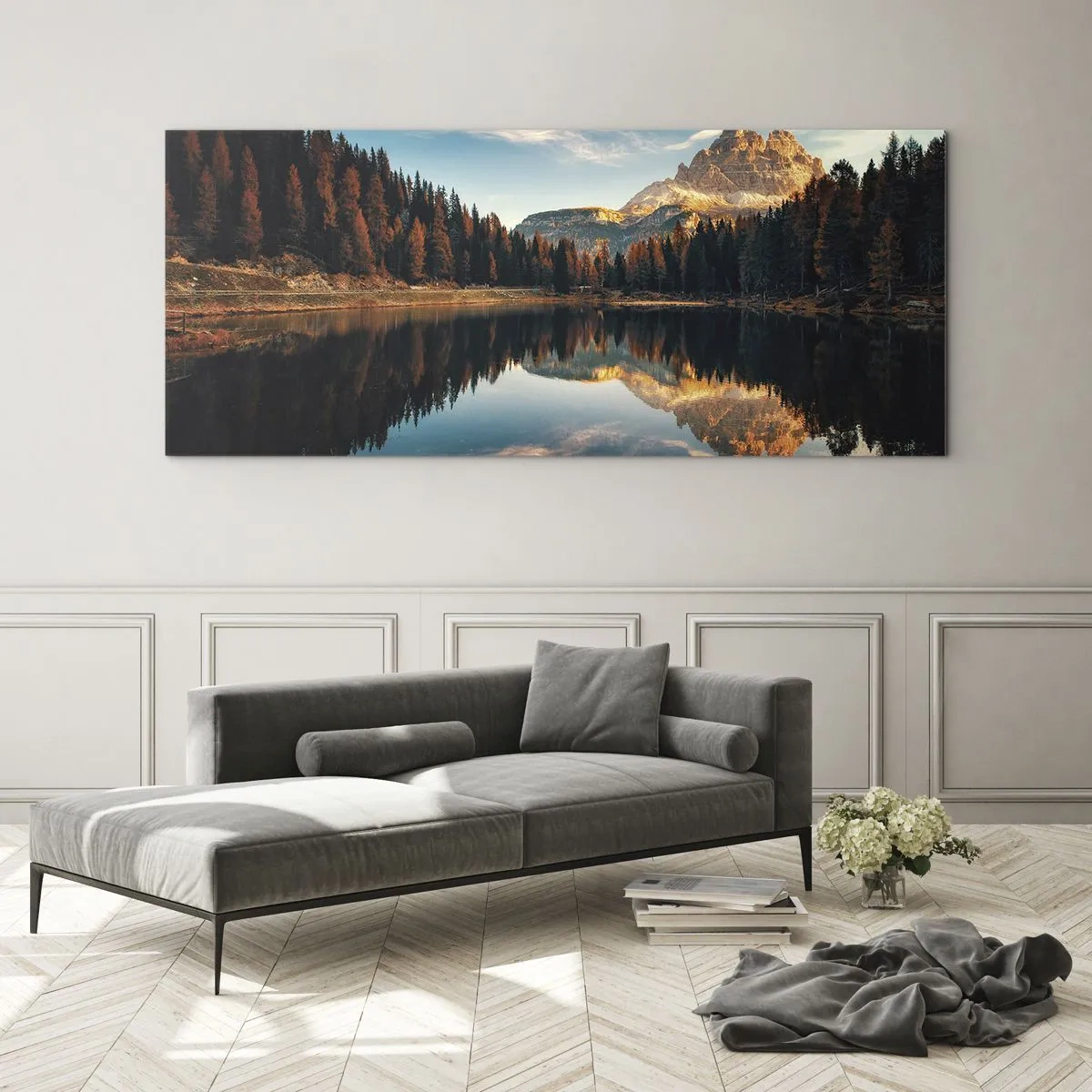 Obraz na szkle - Górski krajobraz z jeziorem i lasem - 120x50cm - Pejzaż podwójny - Nowoczesna dekoracja ścienna do salonu i sypialni ARTTOR